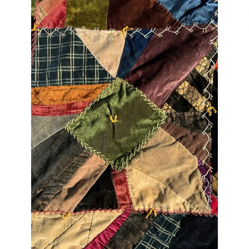 Antique Victorian Crazy Quilt Velvet Silk Hand Stitched‎ Painted 77x71 c1885